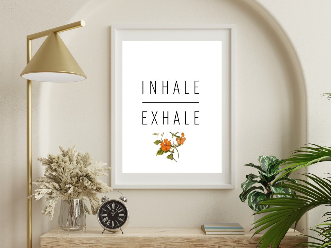 Inhale Exhale Minimalist Mindfulness Floral Typography Wall Art - Image 3