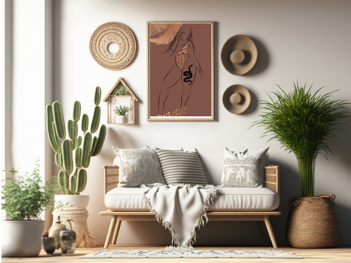 Terracotta Line Art Woman Snake Gold Abstract Minimalist Boho Print - Image 3