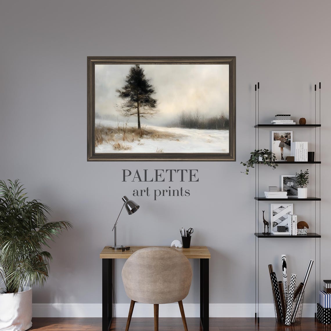 Lone Pine Tree in Winter Snow Minimalist Tranquil Scenery Poster - Image 3