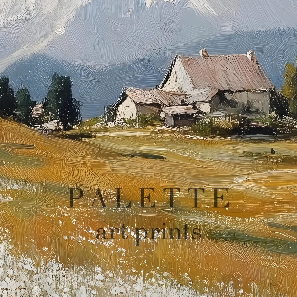 Daisy Field Country Cottage Mountain View Rustic Landscape Print - Image 2