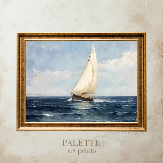 Majestic Sailboat on Open Sea Vintage Style Nautical Oil Poster