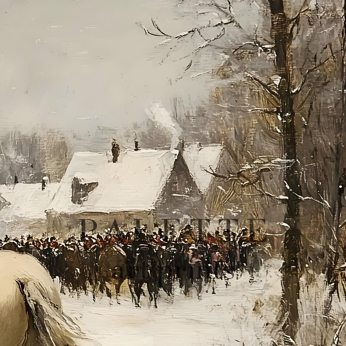 Mounted Soldier in Snowy Village Historic Winter Painting Poster - Image 2