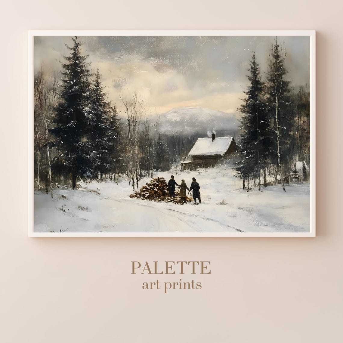 Snowy Log Cabin Gathering Firewood Quiet Winter Scene Wall Art