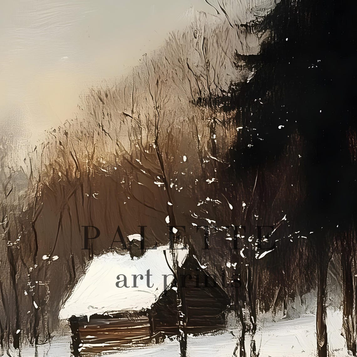 Frozen River Cabin Snowy Winter Forest Pines Landscape Print - Image 2