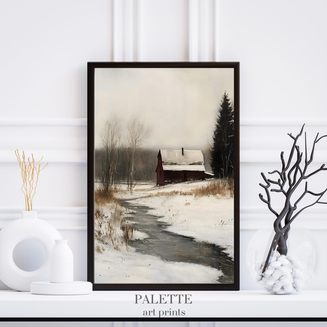 Red Barn Winding Stream Snowy Field Tall Pine Rustic Painting Poster - Image 3