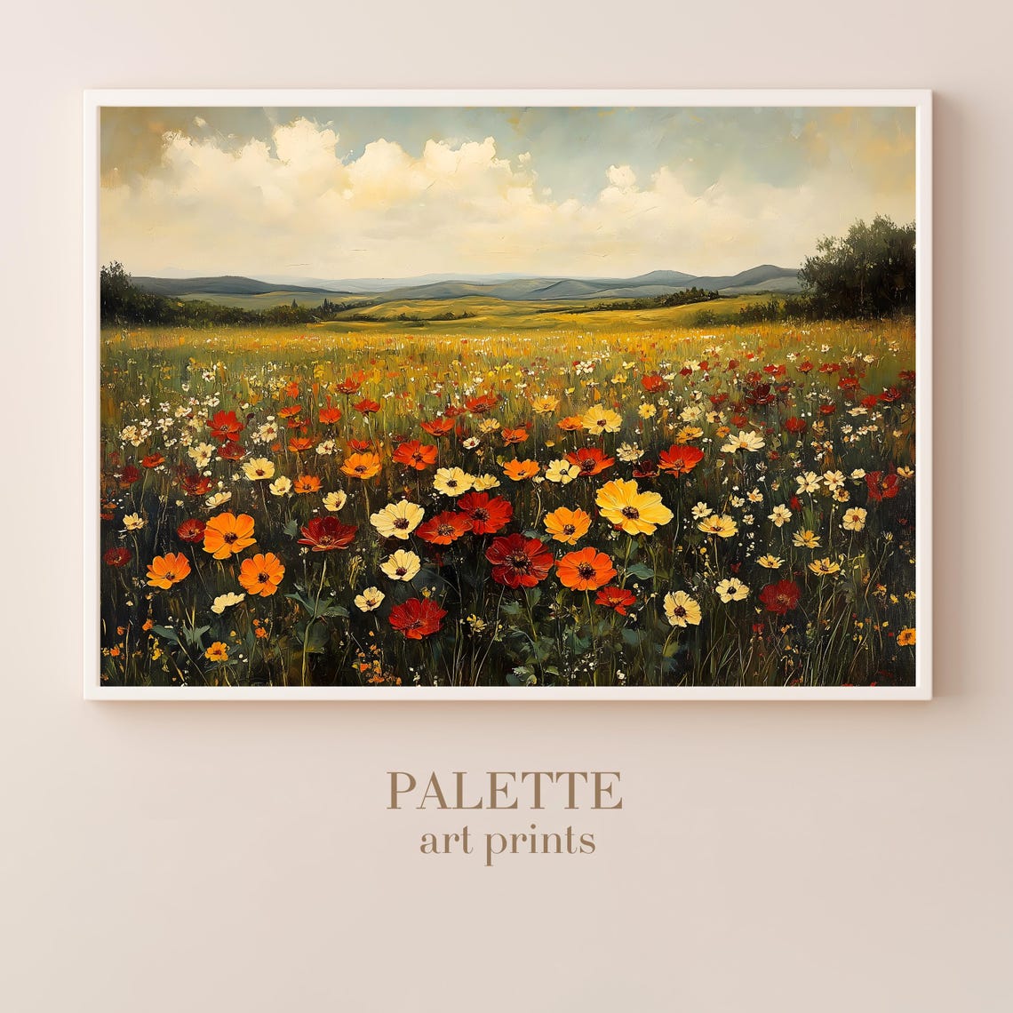 Vibrant Red Orange Wildflower Field Rolling Hills Sky Wall Art - Image 3