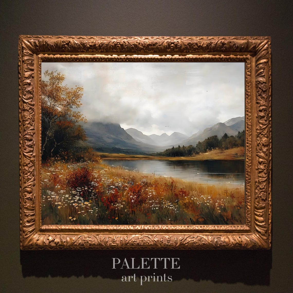 Autumn Mountain Lake with Wildflower Meadow Misty Peaks Wall Art