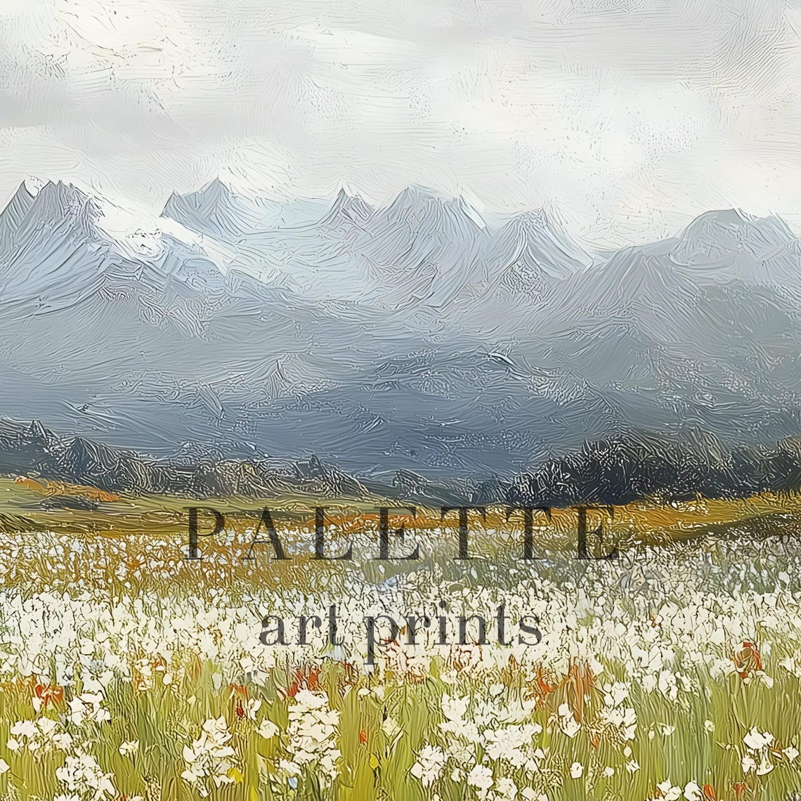 Wildflower Meadow in Bloom with Soft Misty Mountain Background Poster - Image 2