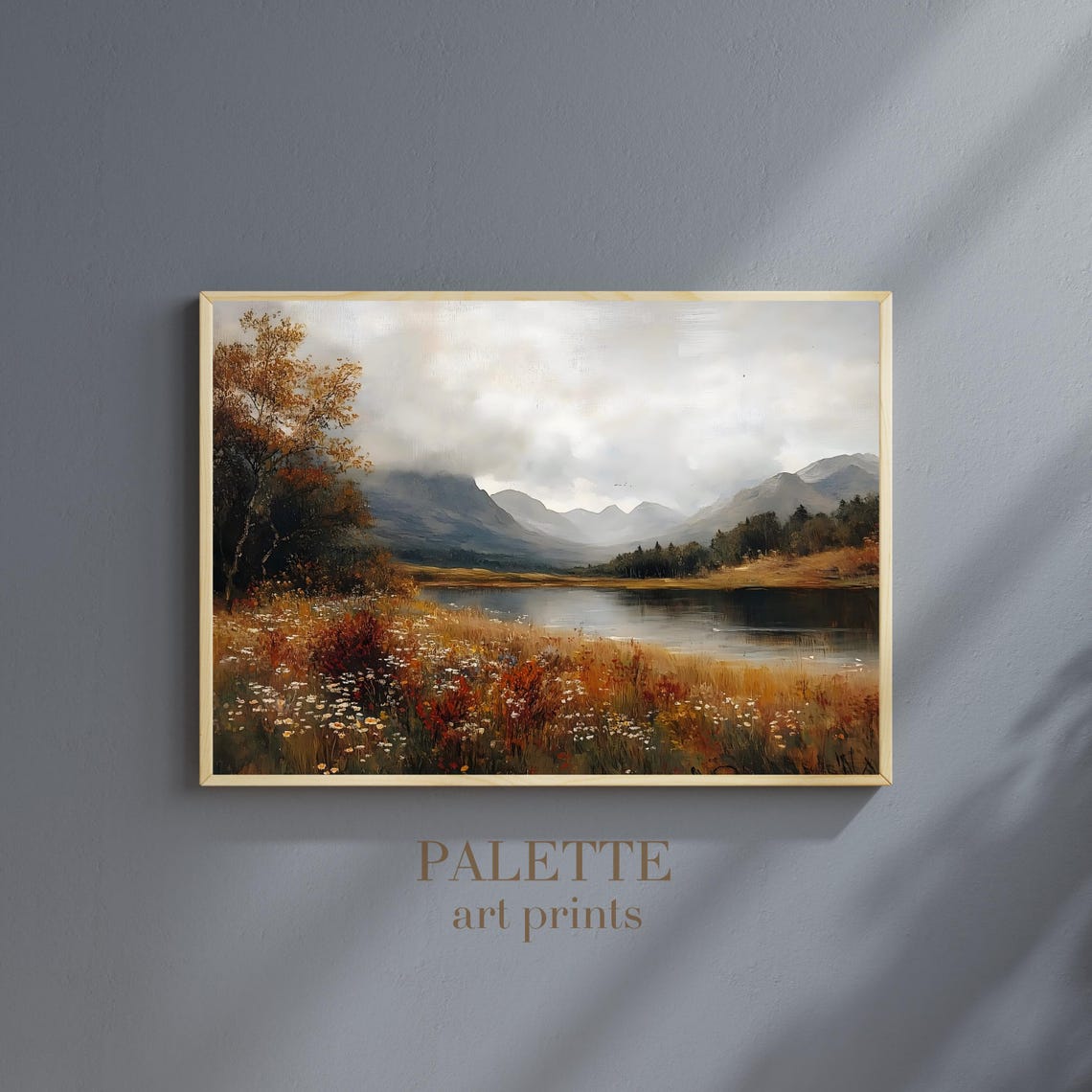 Mountain Lake Wildflower Meadow Cloudy Sky Painting Nature Wall Poster - Image 3