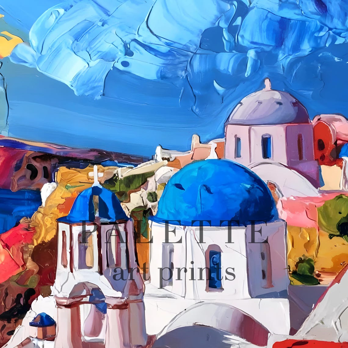Santorini Blue Domes Colorful Impasto Aegean Coast Painting Poster - Image 2
