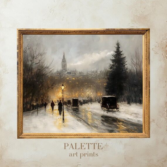 Elegant Horse Drawn Carriage on Snowy Avenue Vintage Winter Poster