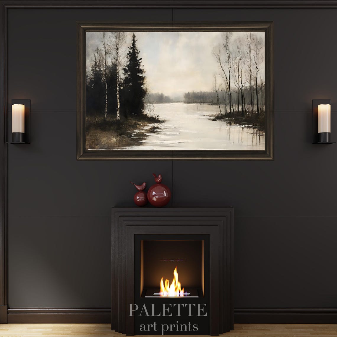 Tranquil Frozen Lake in Misty Winter Forest Morning Scene Poster - Image 2