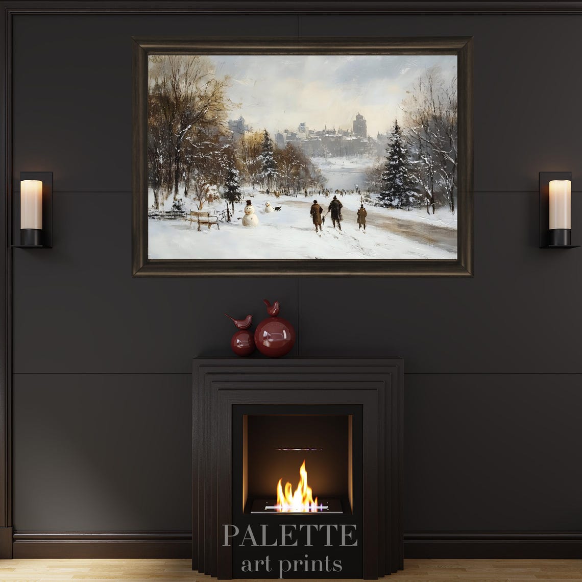 Peaceful Snowy Park with Snowmen Winter Stroll City Scene Poster - Image 2