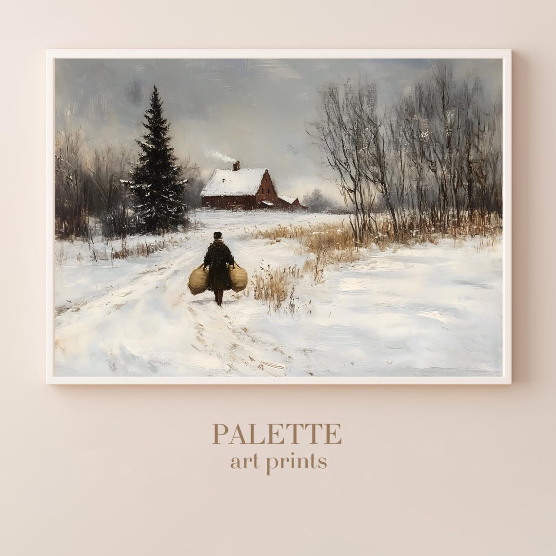 Winter Walk to the Farm Snowy Path Country Cottage Painting Poster - Image 3