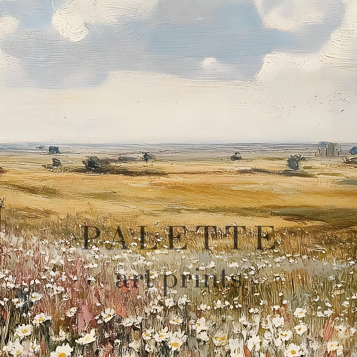 Wildflower Hillside Pastel Clouds Summer Meadow Landscape Poster - Image 2