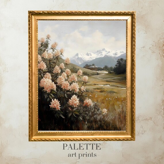 Spring Blossoms Mountain Meadow Snowy Peaks Rustic Cabin Painting Poster