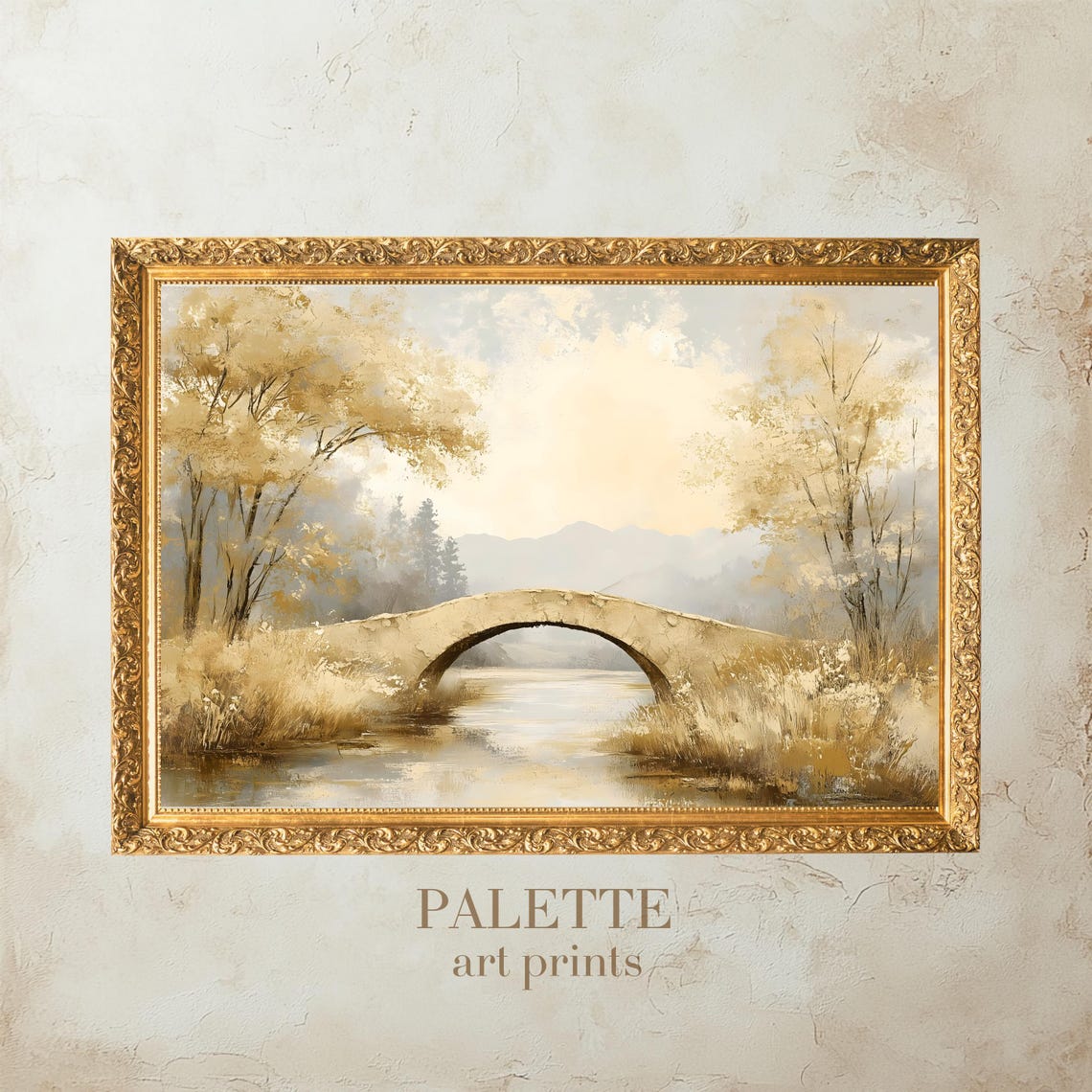Golden Stone Bridge Over A Calm Autumn River In Soft Light Poster