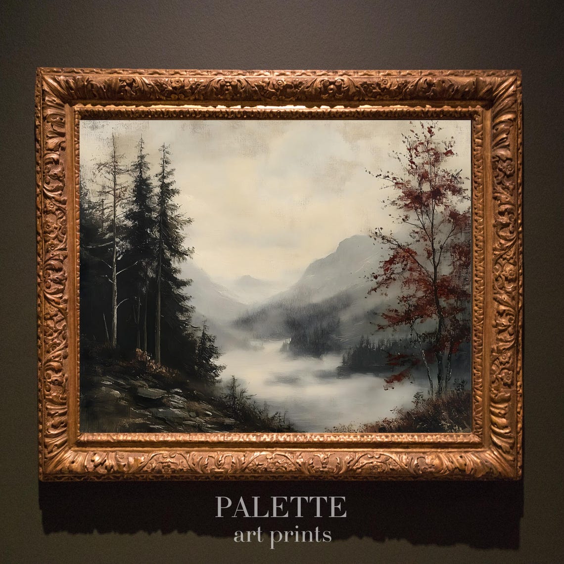 Foggy Mountain Lake Tall Pines Moody Forest Landscape Painting Poster - Image 3