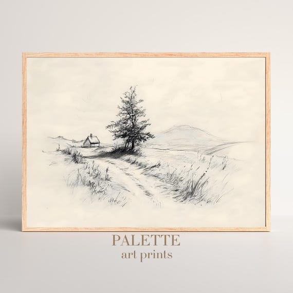 Minimalist Sketch Art Print Of A House Tree Rural Landscape Drawing With Path Black And White Illustration For Modern Home Decor Skt029