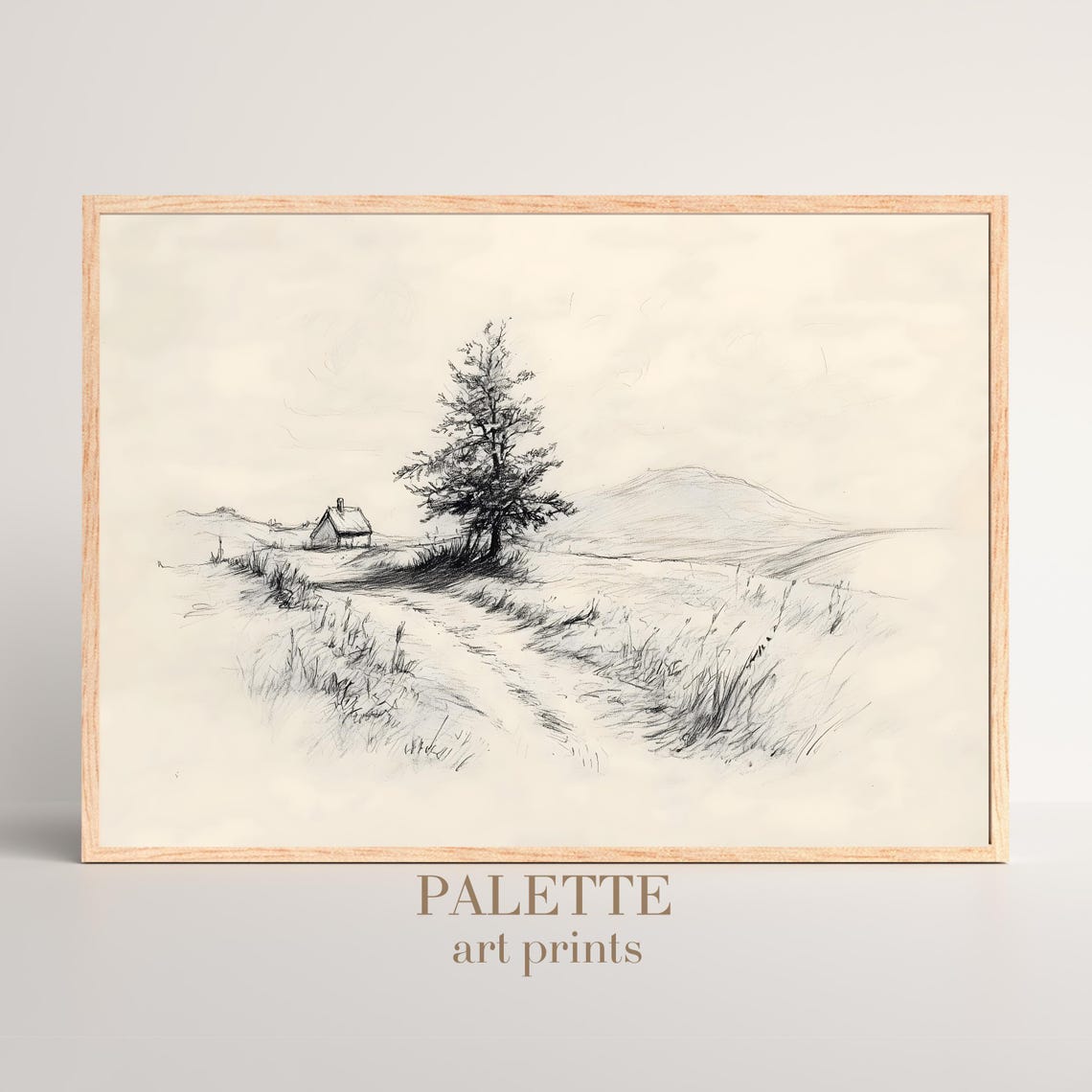Minimalist Sketch of Cottage Tree and Country Path Drawing Poster