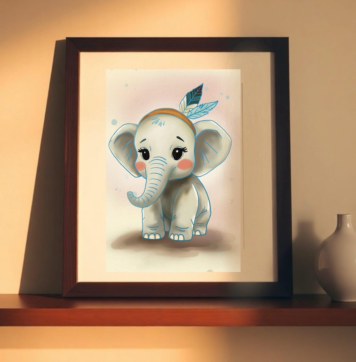 Baby Elephant With Feather Headband Blue Line Nursery Poster - Image 2