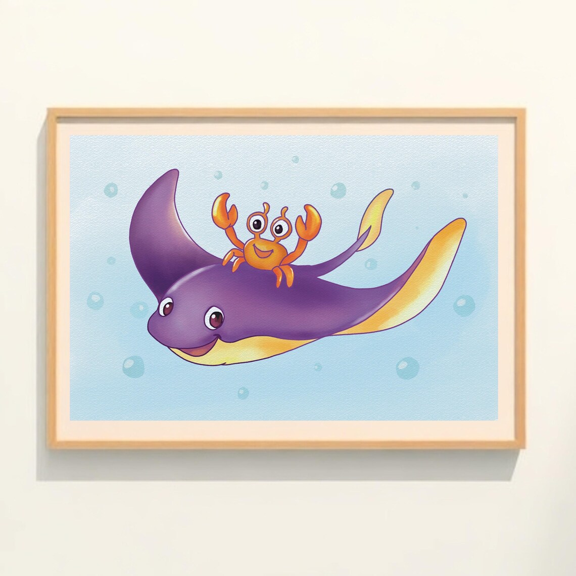 Cute Crab And Ray Fish Art Ocean Friends Illustration Underwater Animal Wall Decor - Image 2
