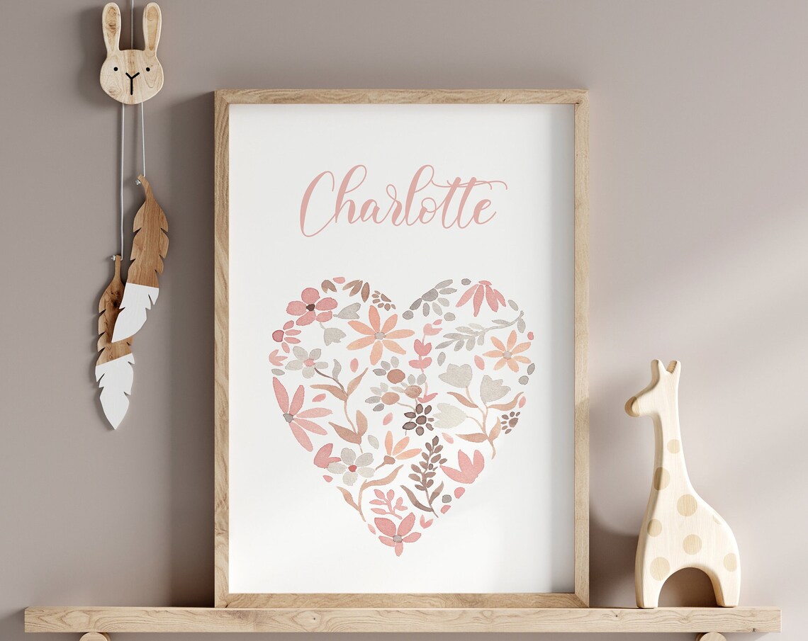 Boho Flower Heart Custom Baby Name Nursery Poster