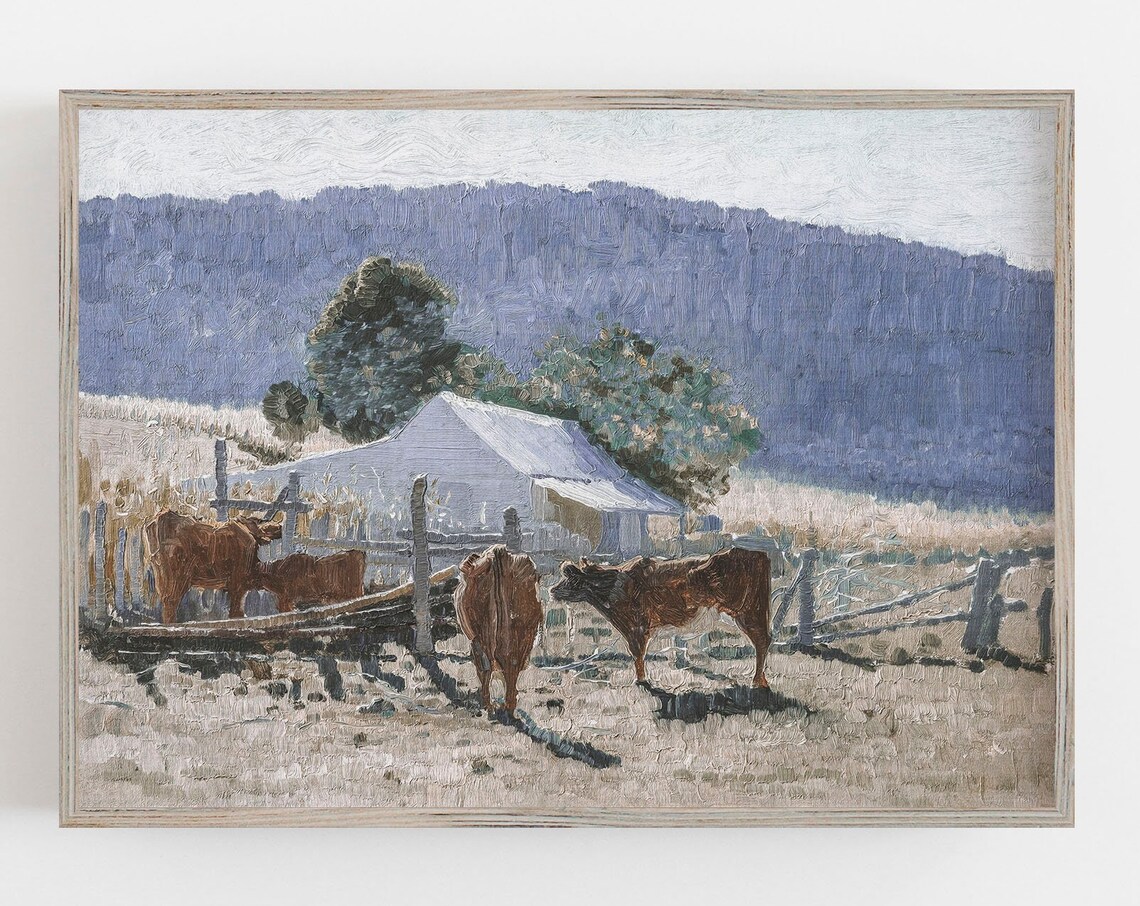 Cows in Pasture Vintage Muted Neutral Farm Oil Painting Wall Art