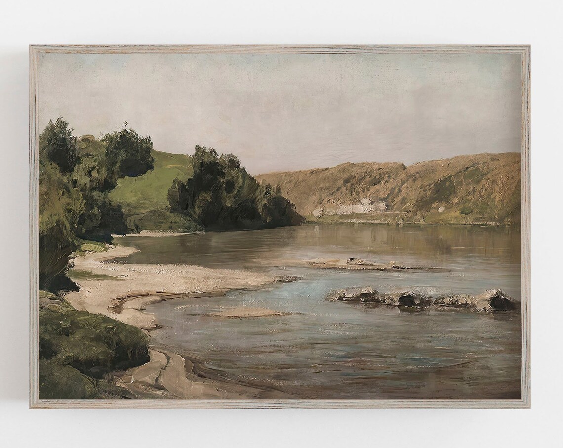Vintage River Landscape, Muted Neutral Wall Art Print