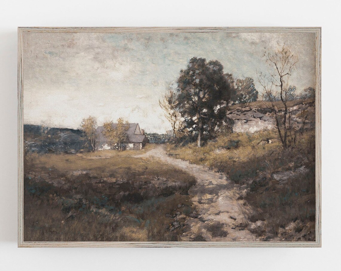 Muted Country Cottage Landscape Vintage Moody Oil Painting Wall Art