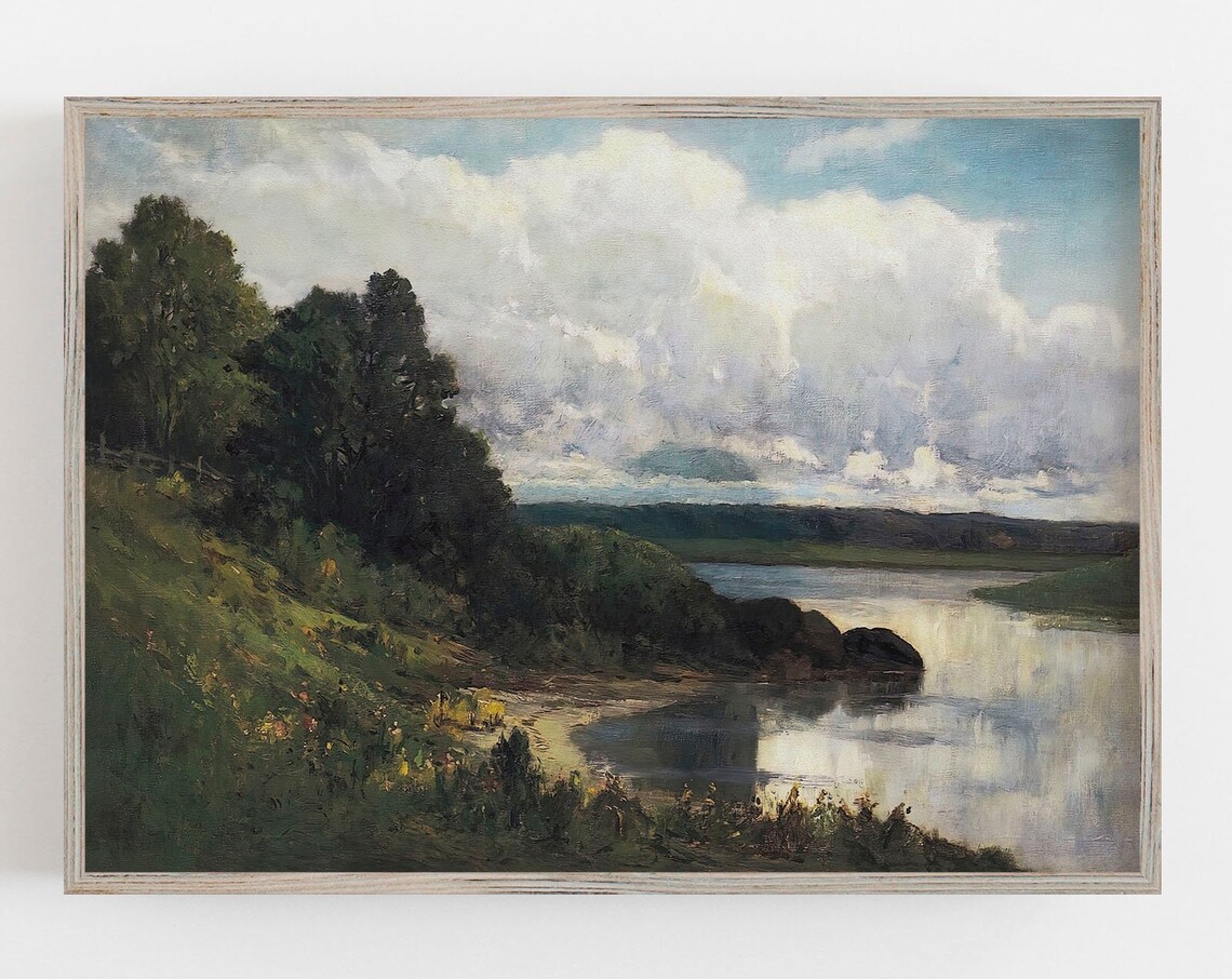River Landscape, Vintage Neutral Wall Art Print