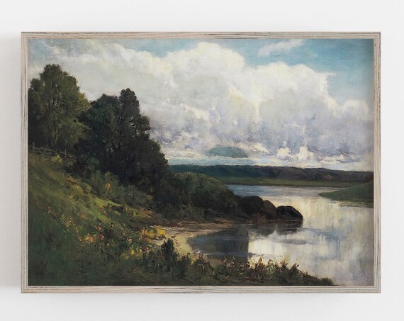 River Landscape, Vintage Neutral Wall Art Print