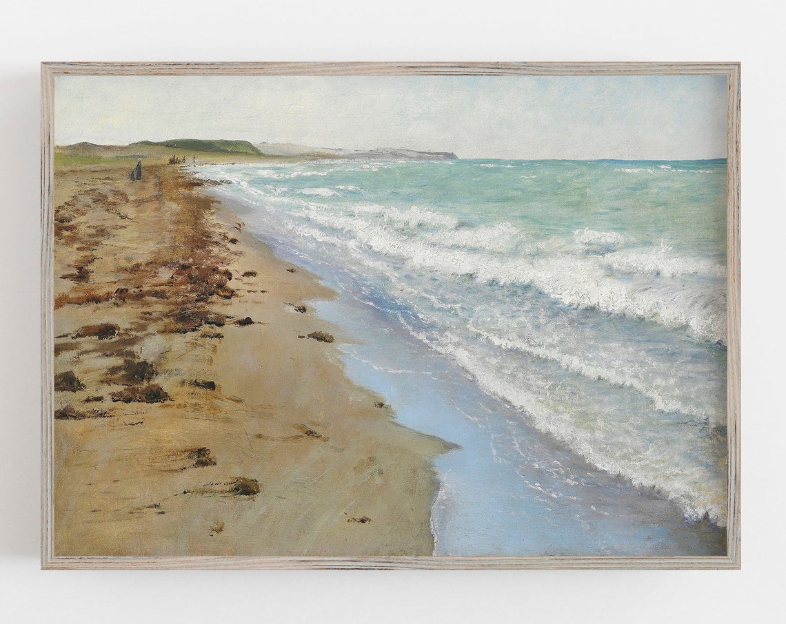 Sandy Beach Foamy Waves Shoreline Vintage Coastal Landscape Wall Art