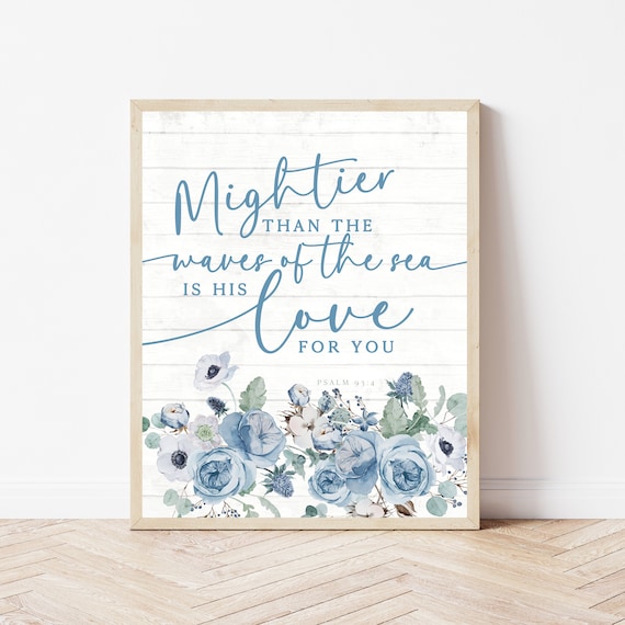 Bible Verse Psalm 934 Ocean Nursery Print Mightier Than The Waves Of Sea Nautical Sign Beach Bedroom Decor