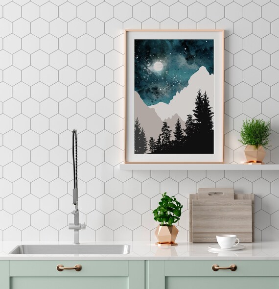 Forest Mountain Wall Art Watercolor Navy Dark Blue Posters Nature Prints Modern Print Home Wall Decor