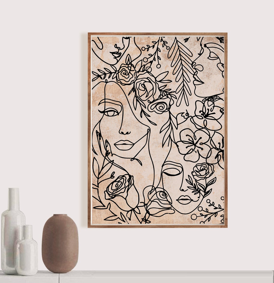 Women Faces with Roses Botanical Continuous Line Drawing Art Poster - Image 2