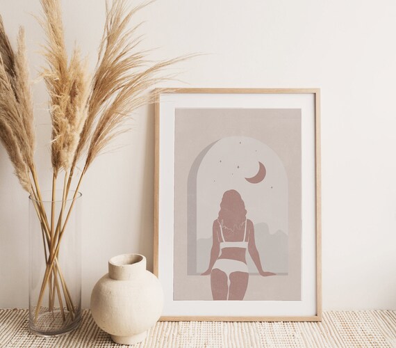 Boho Woman Under Moon Arch Print Celestial Female Silhouette Artwork
