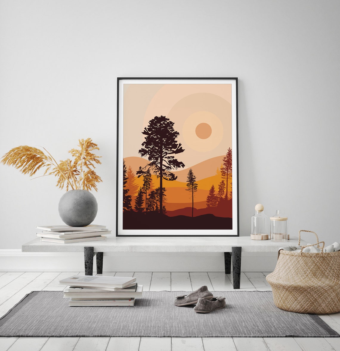 Pine Forest Sunrise Retro Orange Mountain Landscape Art Poster
