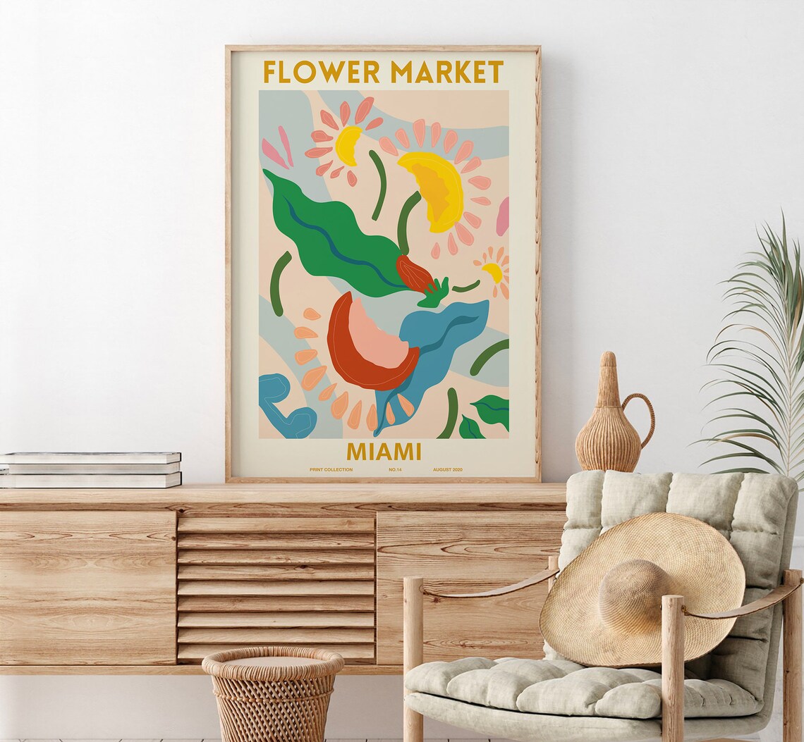 Flower Market Miami Colorful Retro Floral Botanical Travel Poster
