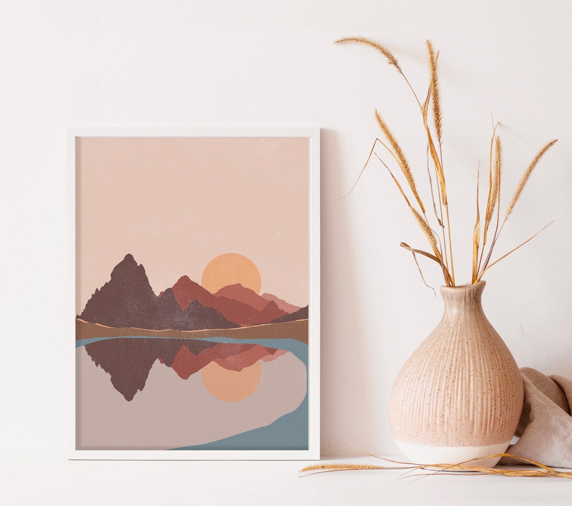 Terracotta Mountain Sunset Mirror Lake Reflection Art Poster