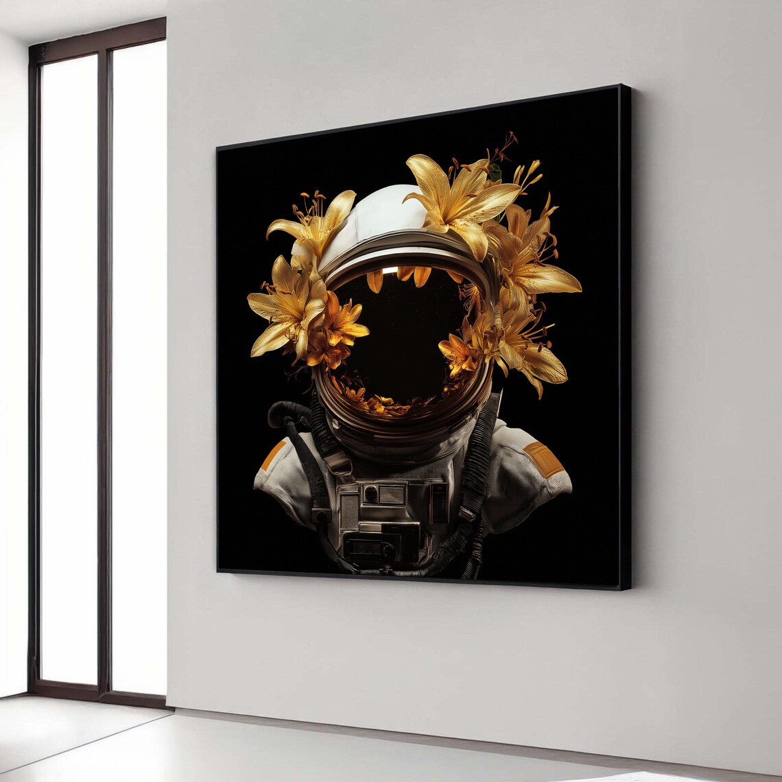 Golden Lilies Astronaut Helmet Surreal Space Floral Cosmic Art Poster