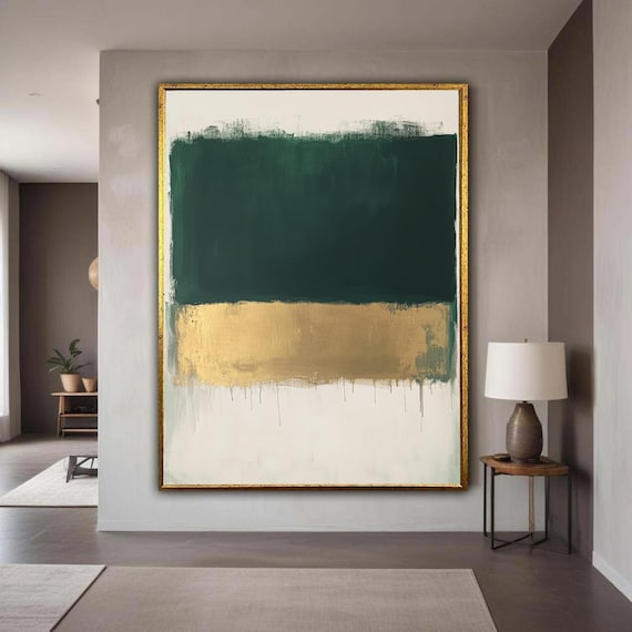 Abstract Mark Rothko Inspired Canvas Wall Art Gold And Green Color Block Modern Minimalist Home Decor Gift