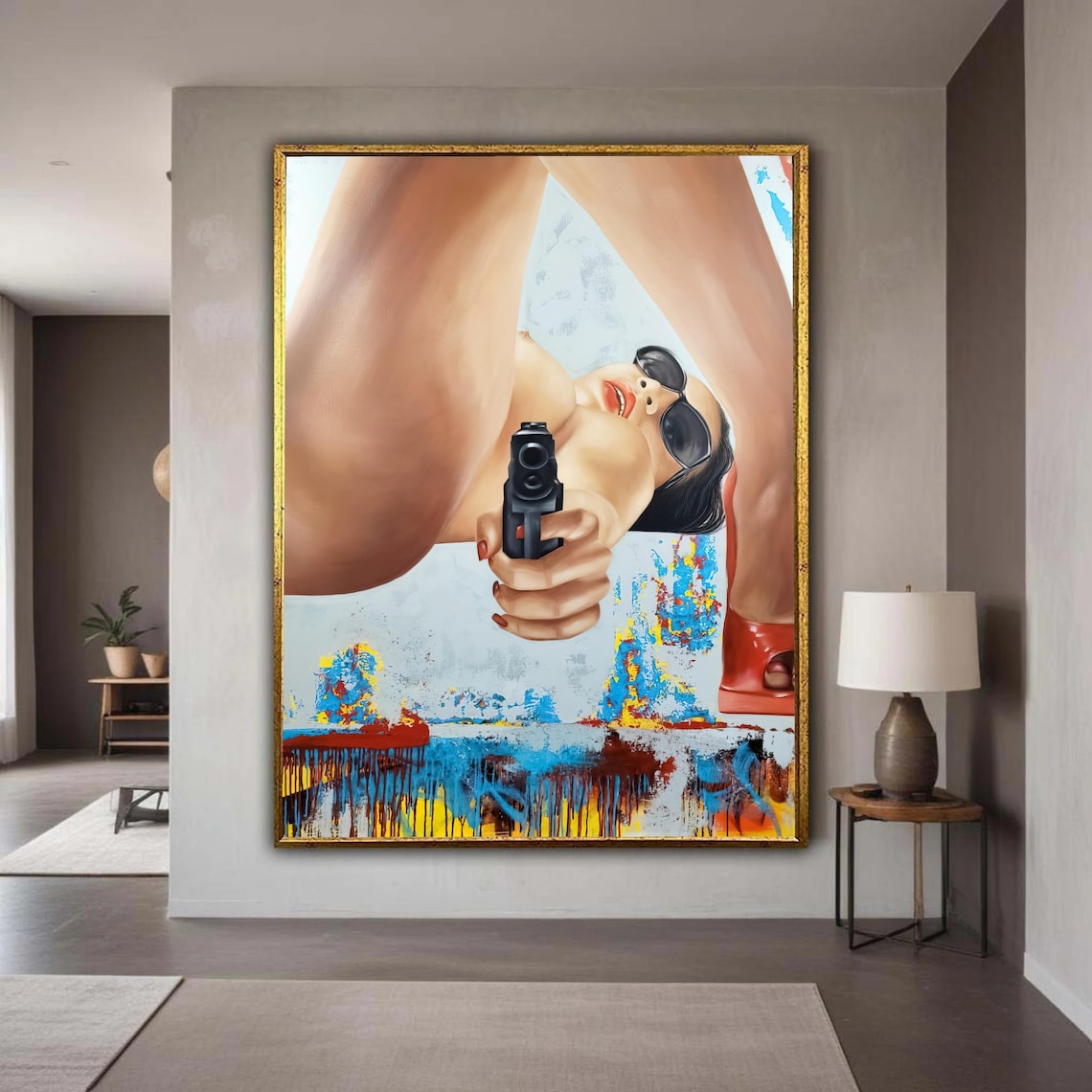 Bold Pop Art Woman Sunglasses Handgun Edgy Modern Painting Poster