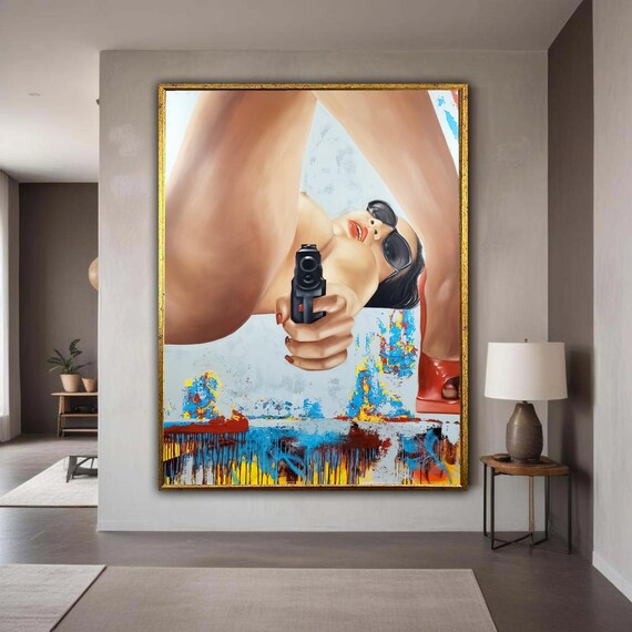 Bold Pop Art Woman Sunglasses Handgun Edgy Modern Painting Poster