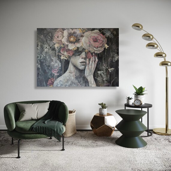 Woman Floral Headdress Dark Moody Portrait Painterly Peony Canvas Wall Art