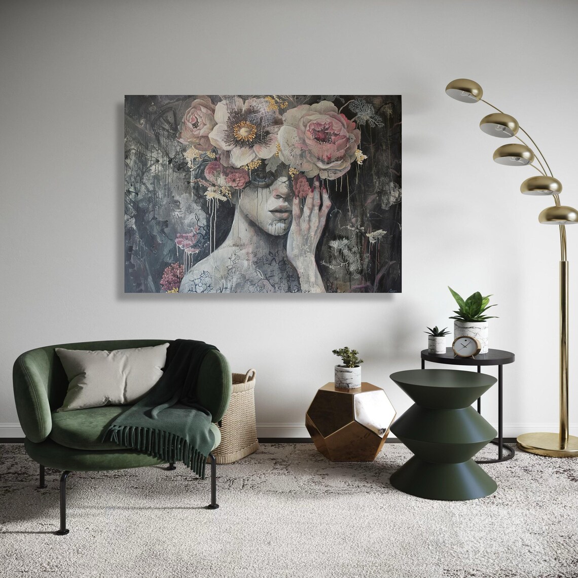Woman Floral Headdress Dark Moody Portrait Painterly Peony Canvas Wall Art