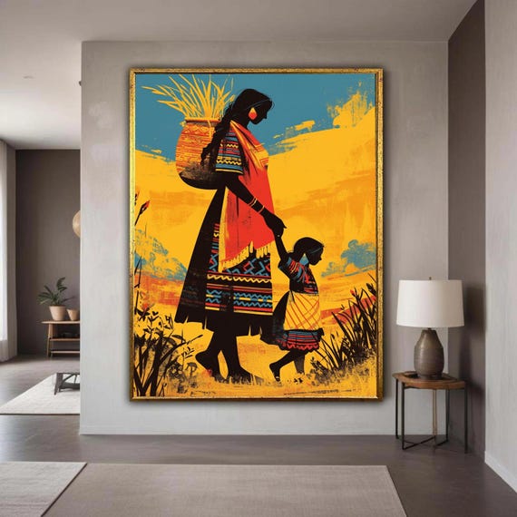 Mother And Child Canvas Art African Inspired Print Silhouette Family Wall Decor Colorful Ethnic Love Connection Home