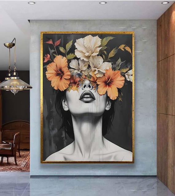 Woman Portrait Orange Daisy Flower Crown Monochrome Art Poster
