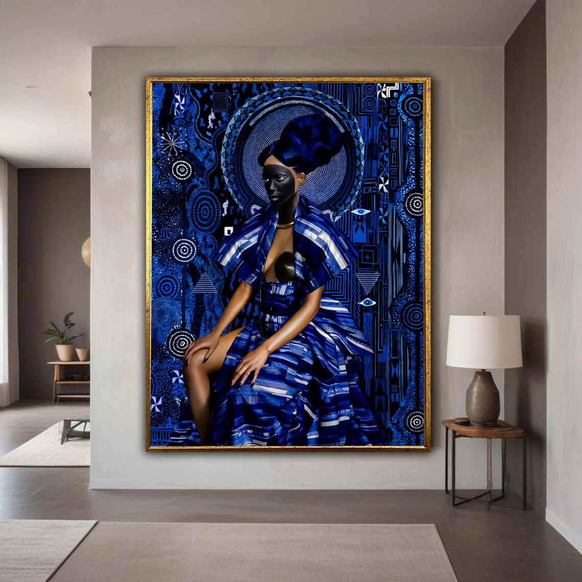 Stunning Blue African Woman Tribal Pattern Bold Modern Art Portrait Poster
