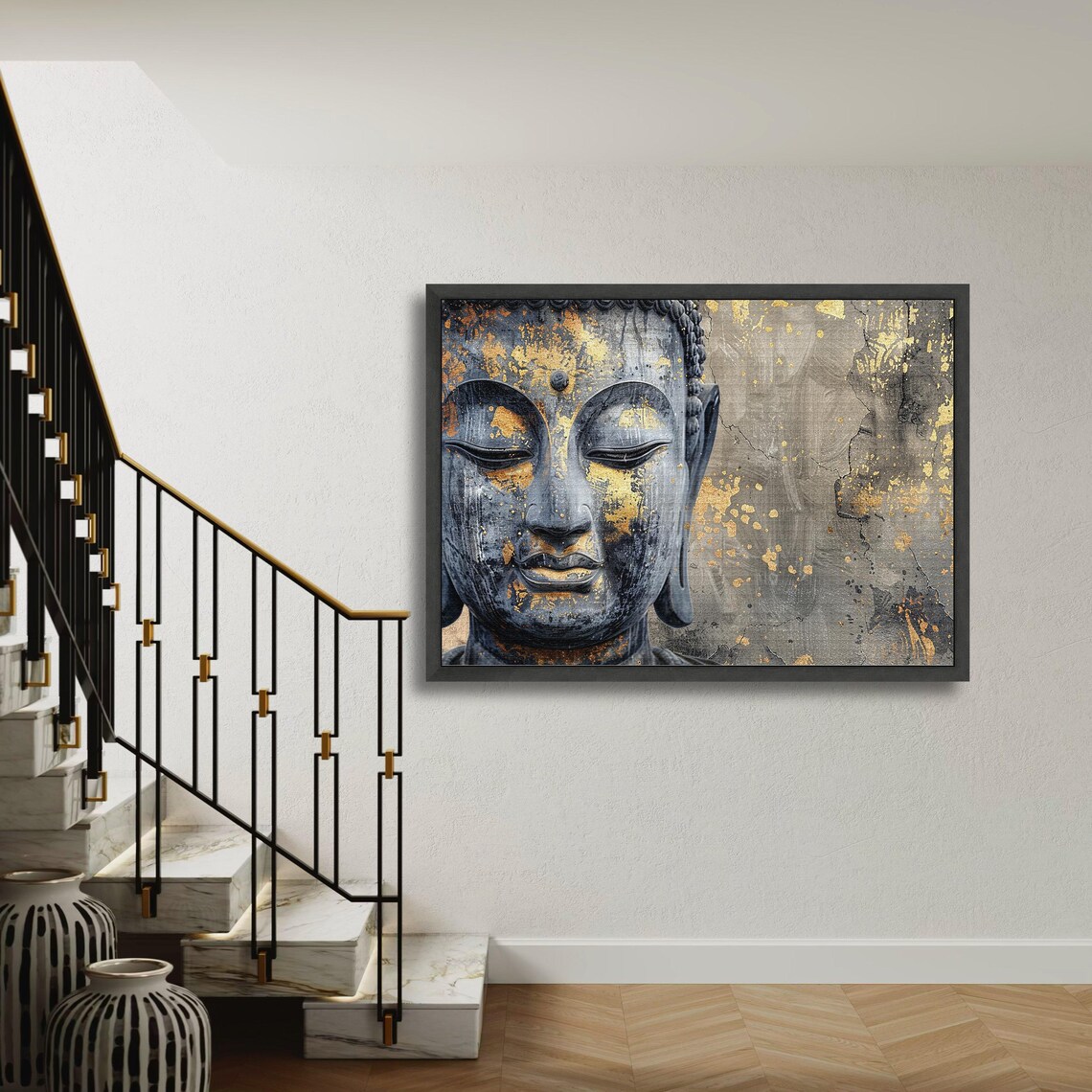 Buddha Face Gold Leaf Closeup Serene Gray Blue Spiritual Poster